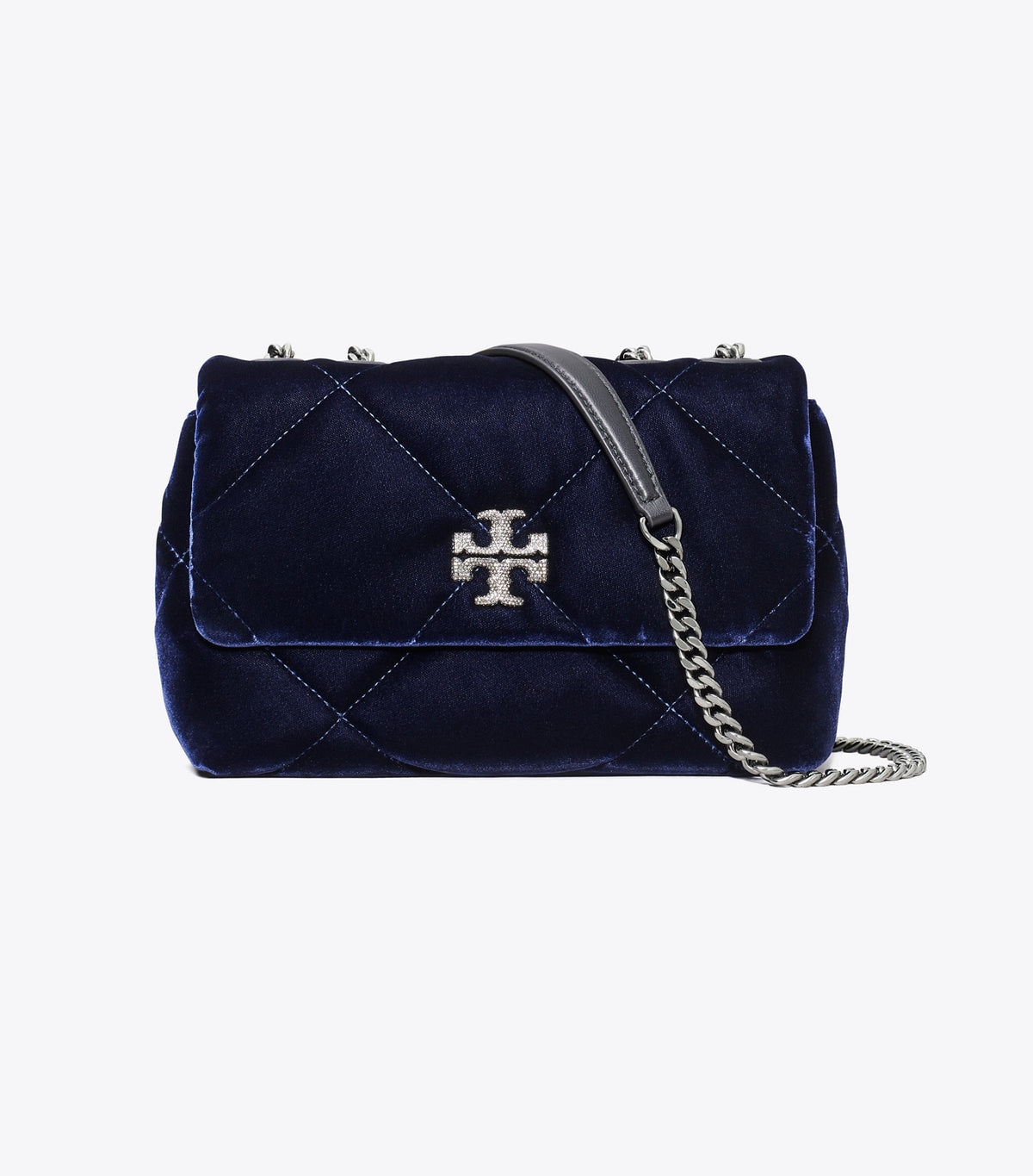 Tory Burch Small Kira Diamond Quilt Velvet Pavé Shoulder Bag - Perfect Navy