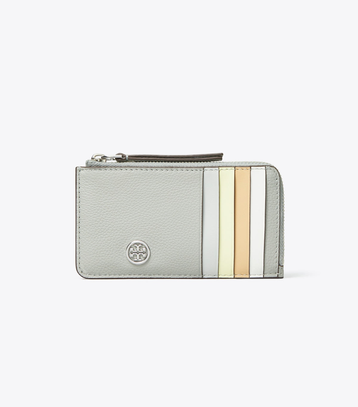 Tory Burch Robinson Pebbled Top-Zip Card Case - Light Granite
