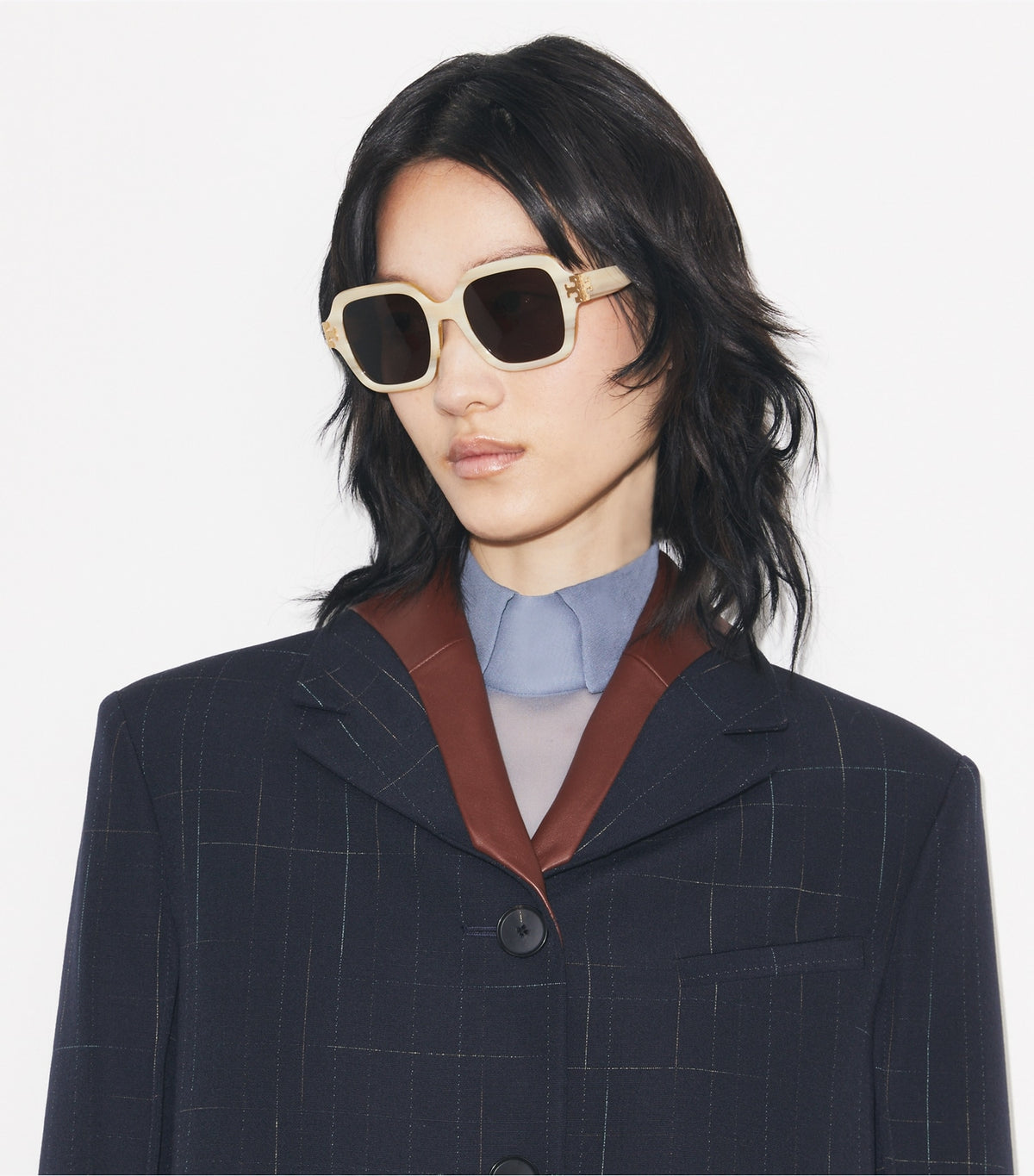 Tory Burch Eleanor Square Sunglasses - Black/Ivory/Dark Gray Solid