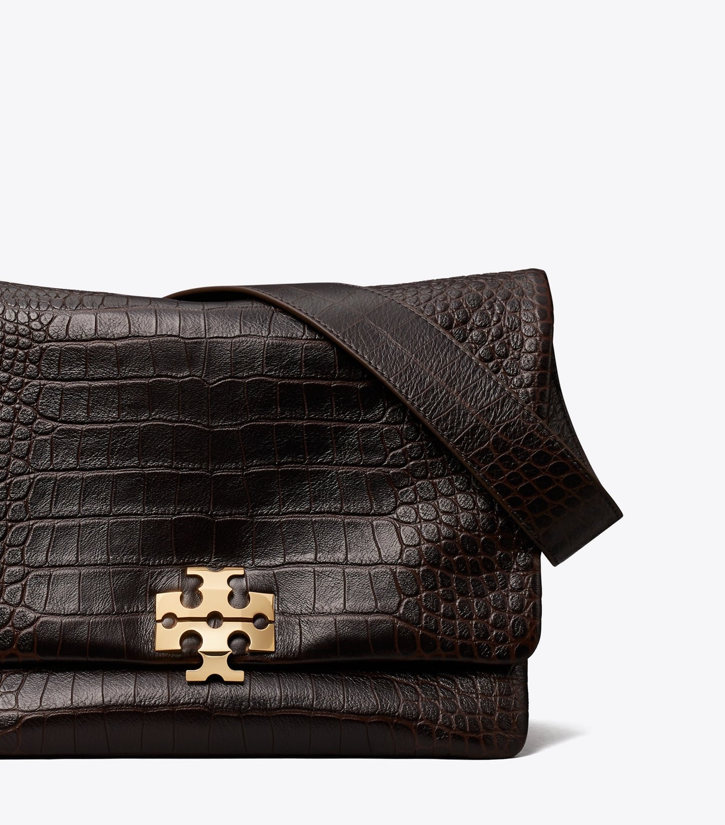 Tory Burch Large Charlie Runway Croc-Embossed Shoulder Bag - Dark Brown