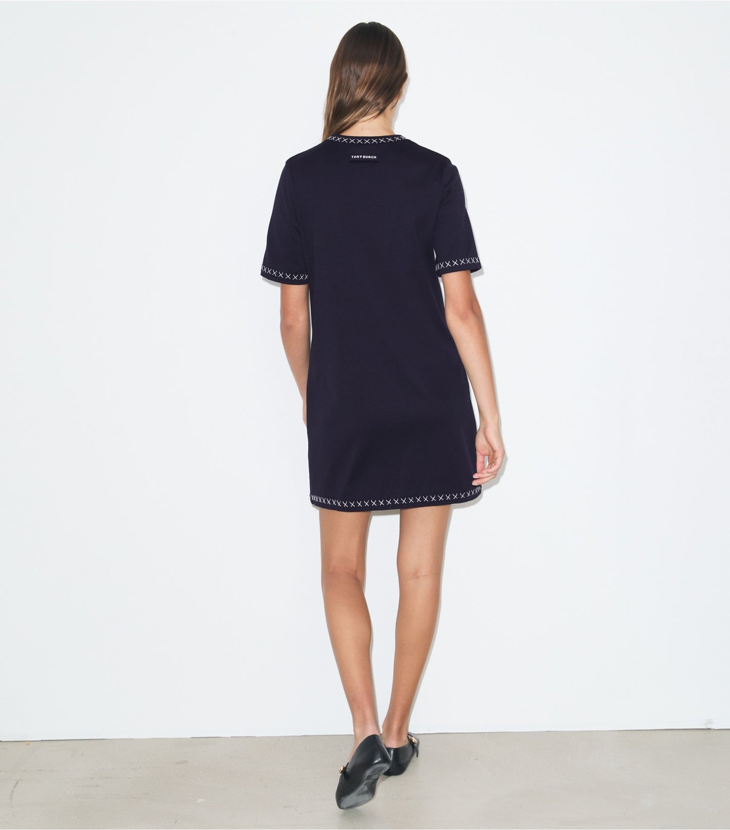 Tory Burch Embroidered Cotton T-Shirt Dress - Medium Navy