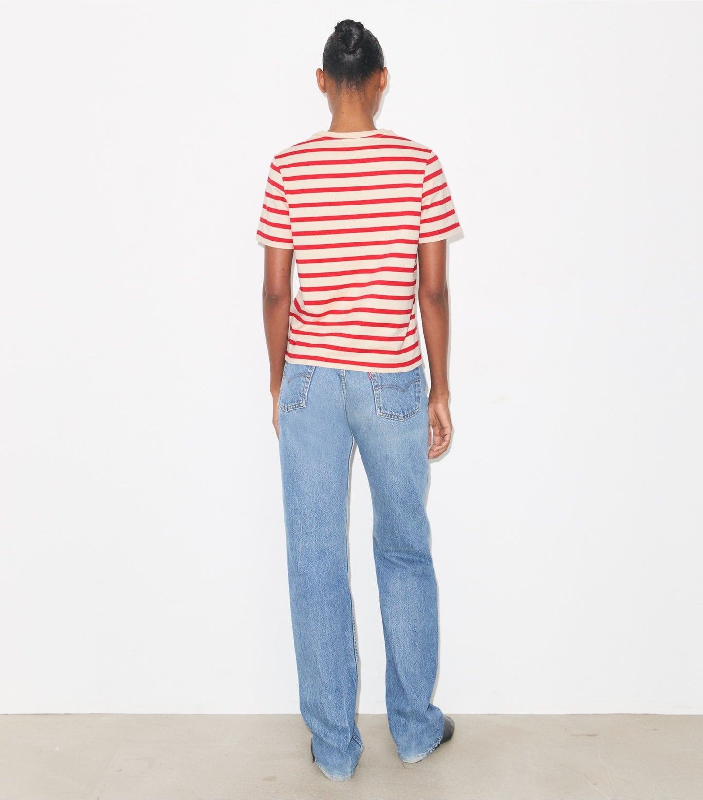 Tory Burch Striped Cotton T-Shirt - Light Ivory/Flash Red