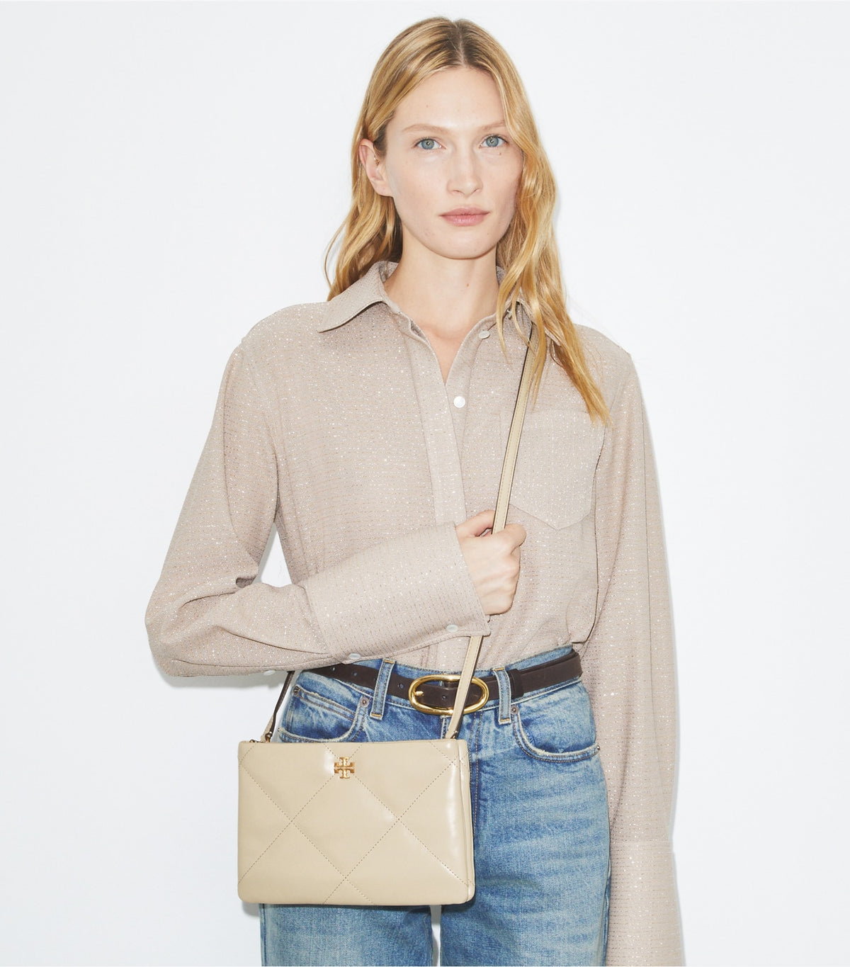 Tory Burch Kira Diamond Quilt Crossbody Bag - Light Stone