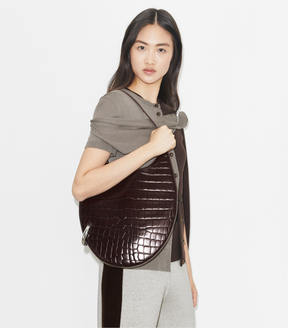 Tory Burch Pierced Croc-Embossed Bag - Dark Cocoa