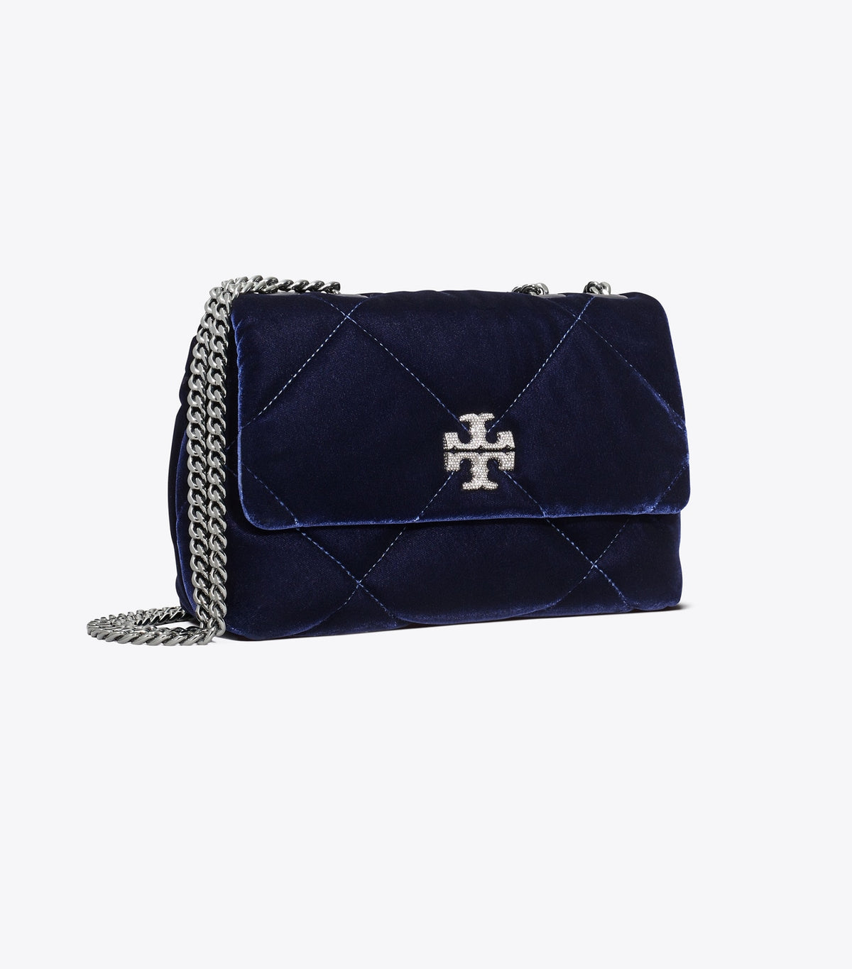 Tory Burch Small Kira Diamond Quilt Velvet Pavé Shoulder Bag - Perfect Navy