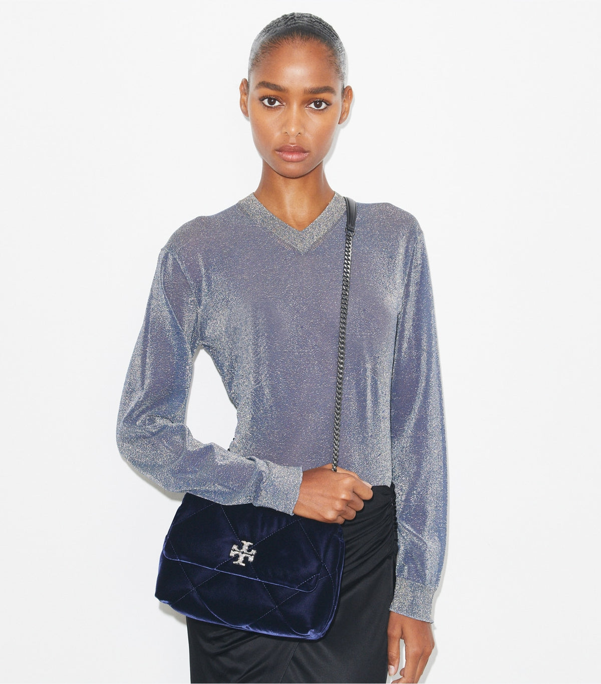Tory Burch Small Kira Diamond Quilt Velvet Pavé Shoulder Bag - Perfect Navy