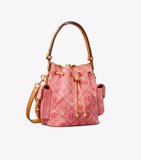 Tory Burch T Monogram Denim Bucket Bag - Brilliant Red