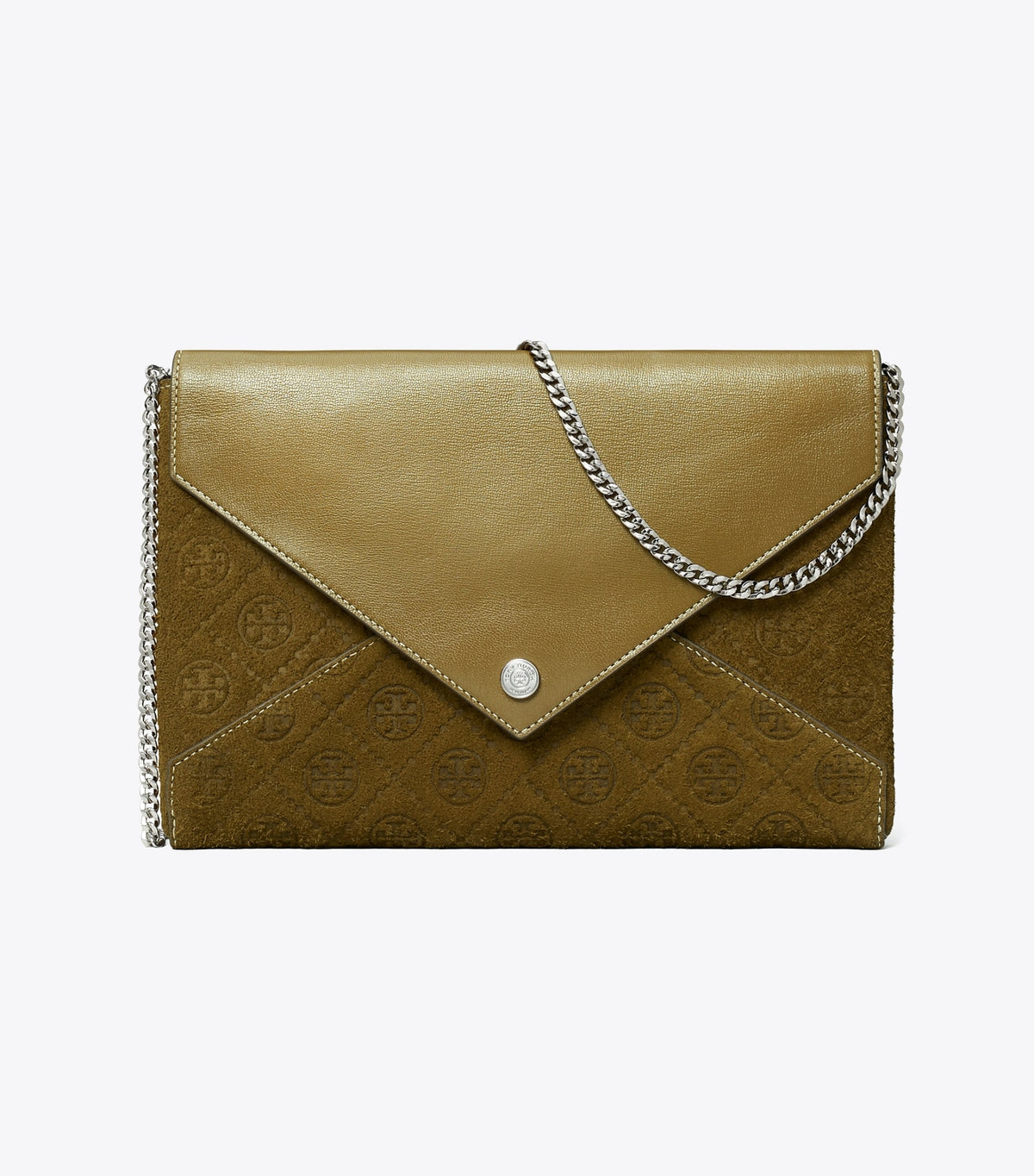Tory Burch T Monogram Suede Envelope Chain Pouch - Deep Olive