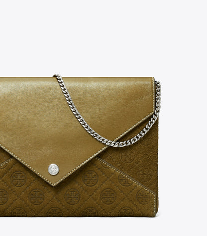 Tory Burch T Monogram Suede Envelope Chain Pouch - Deep Olive