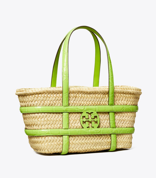 Tory Burch Small Ella Croc-Embossed Straw Basket - Bright Fern