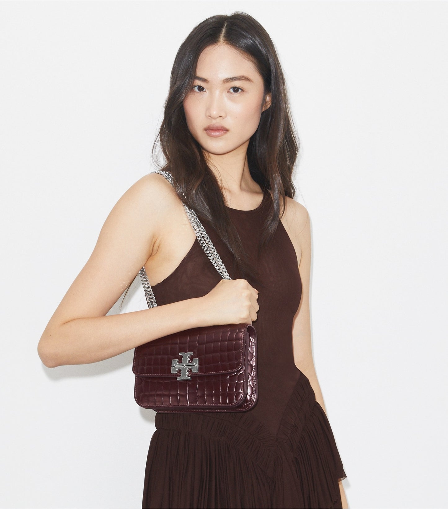 Tory Burch Small Eleanor Croc-Embossed Shoulder Bag - Deep Burgundy