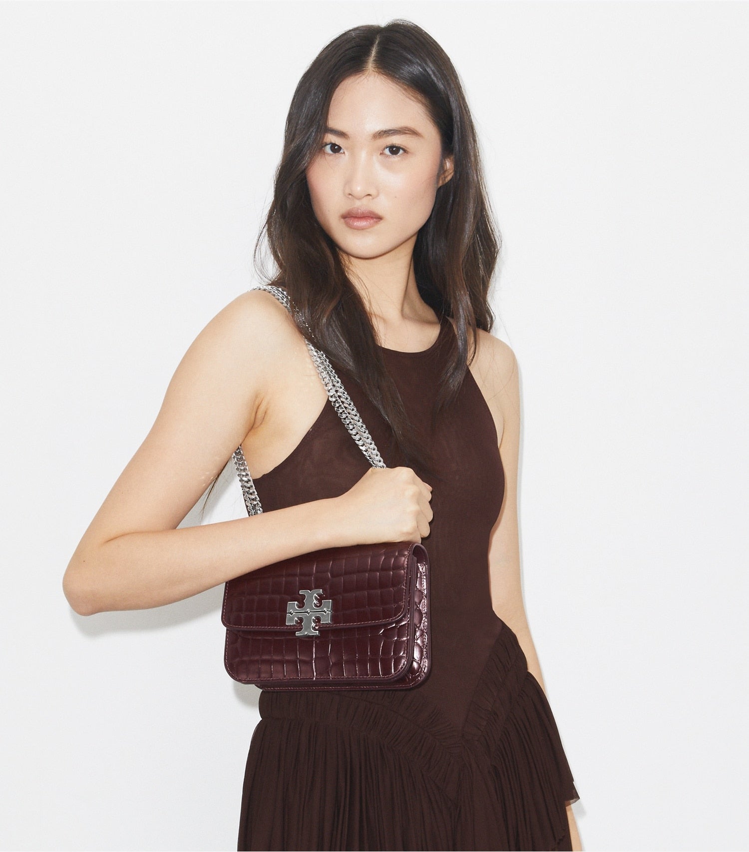 Tory Burch Small Eleanor Croc-Embossed Shoulder Bag - Deep Burgundy