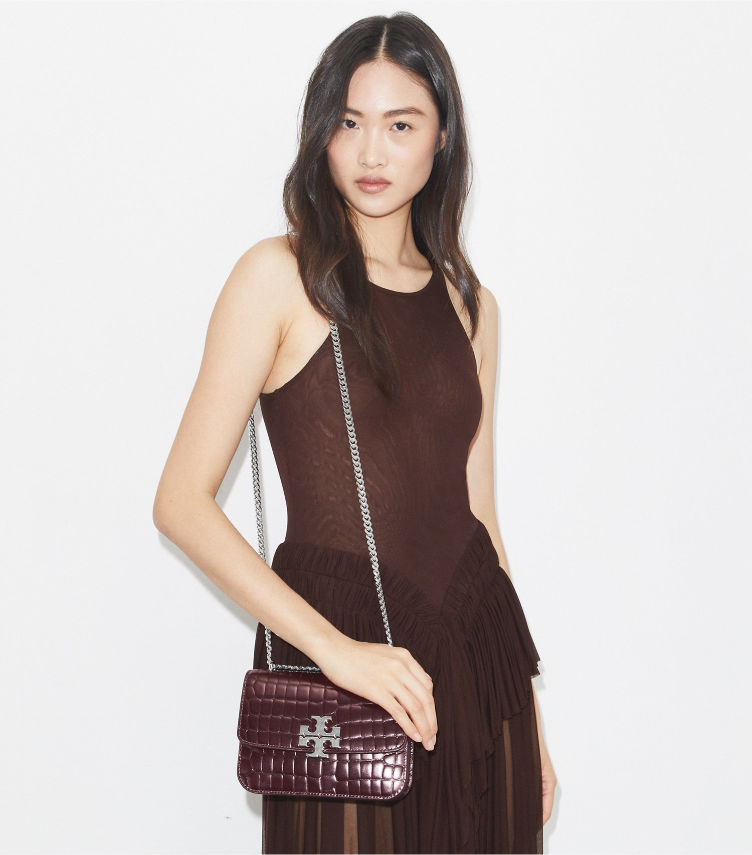 Tory Burch Small Eleanor Croc-Embossed Shoulder Bag - Deep Burgundy