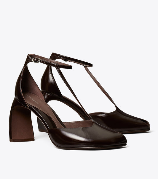 Tory Burch Peep-Toe T-Strap Heeled Sandal - Deep Brown