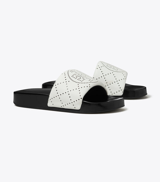 Tory Burch Double T Pool Slide - White / Black Ink