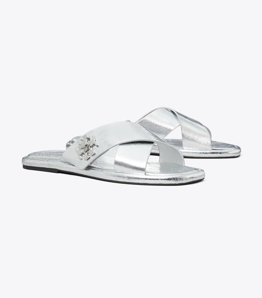 Tory Burch Turnlock Cross-Band Slide - Shiny Silver