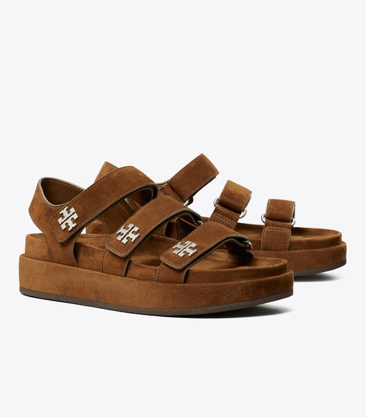 Tory Burch Kira Sport Triple-Strap Sandal - Cognac Brown / Silver