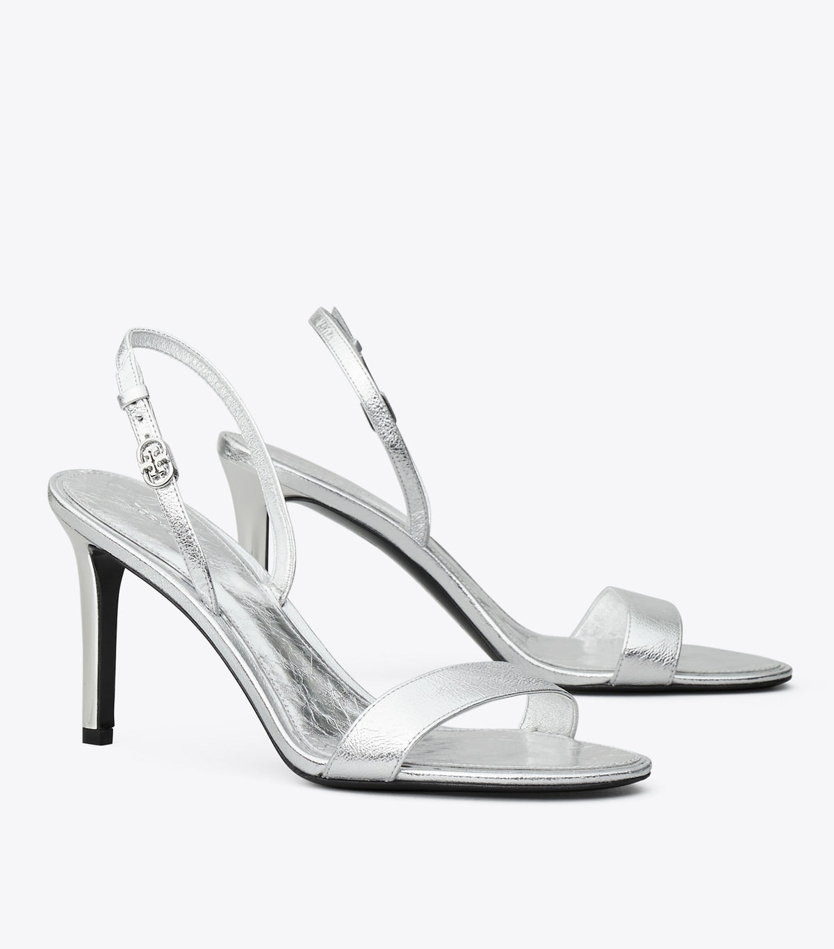 Tory Burch Double T Buckle Heel Sandal - Shiny Silver