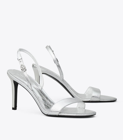 Tory Burch Double T Buckle Heel Sandal - Shiny Silver
