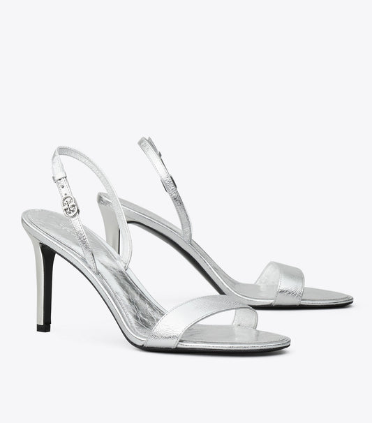 Tory Burch Double T Buckle Heel Sandal - Shiny Silver