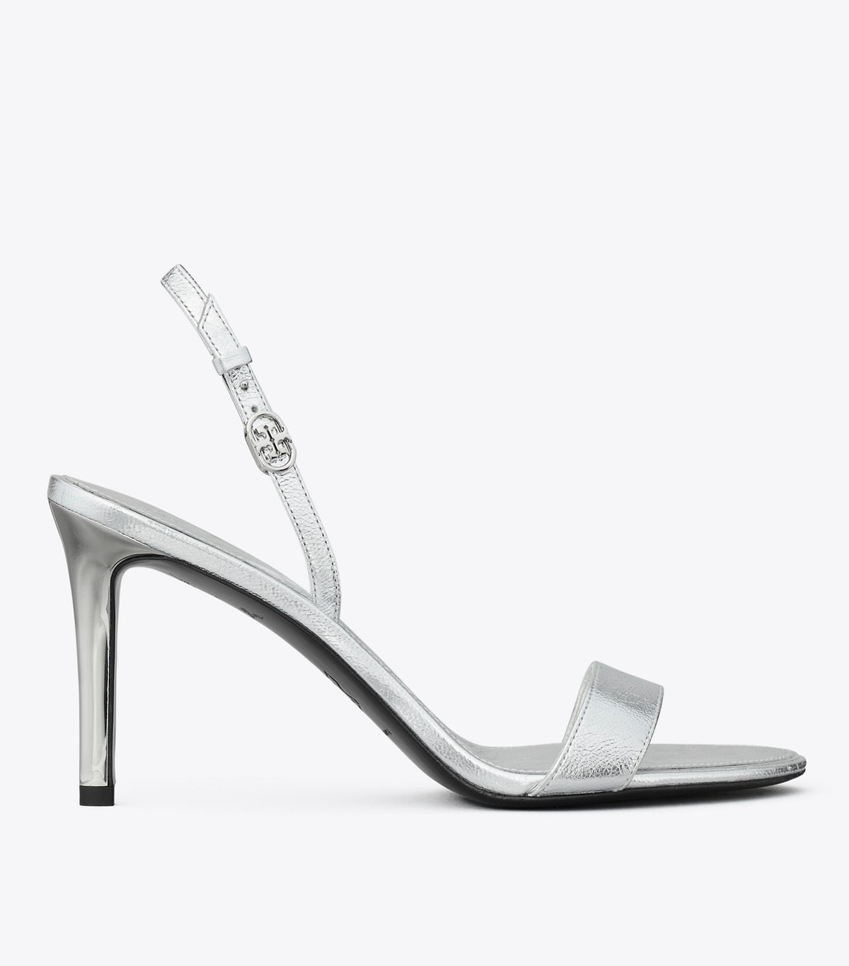 Tory Burch Double T Buckle Heel Sandal - Shiny Silver