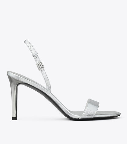 Tory Burch Double T Buckle Heel Sandal - Shiny Silver