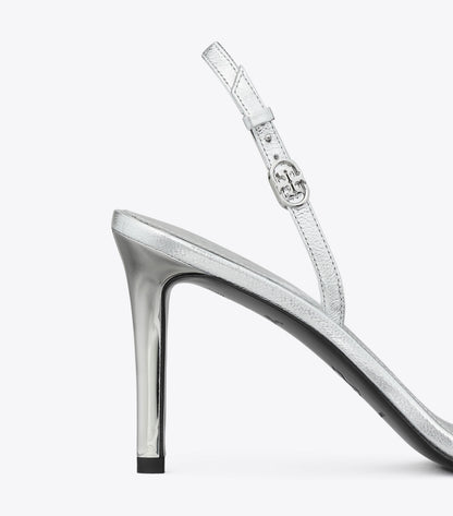 Tory Burch Double T Buckle Heel Sandal - Shiny Silver