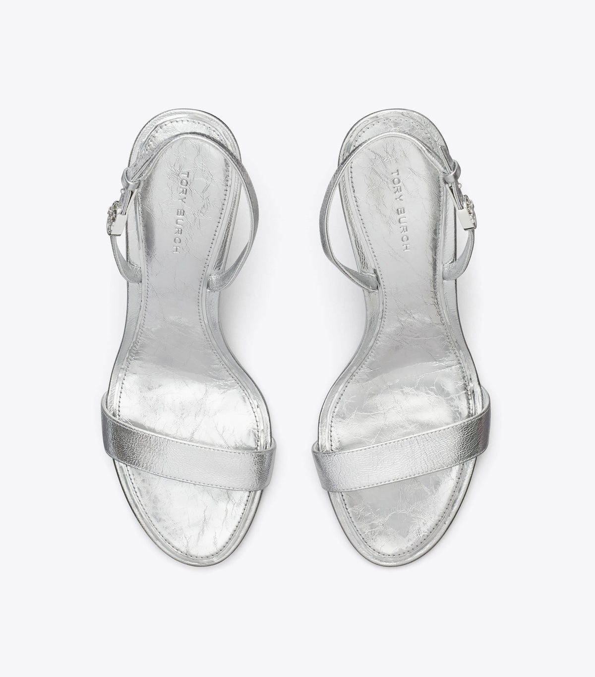 Tory Burch Double T Buckle Heel Sandal - Shiny Silver
