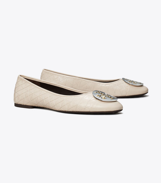 Tory Burch Claire Cap-Toe Quilted Ballet - Light Cream / Silver / Gold
