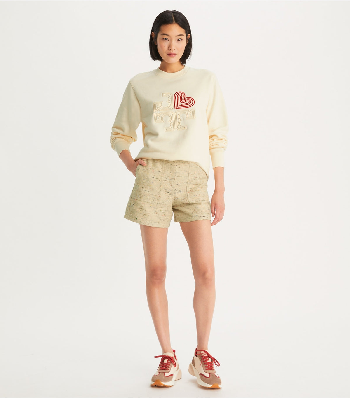 Tory Burch Good Luck Trainer - New Cream / Taupe / Tory Red