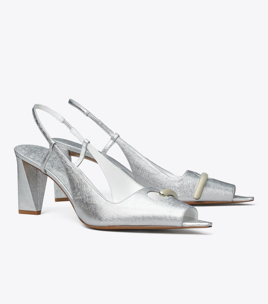 Tory Burch Pierced Peep-Toe Slingback - Bright Silver / Silver