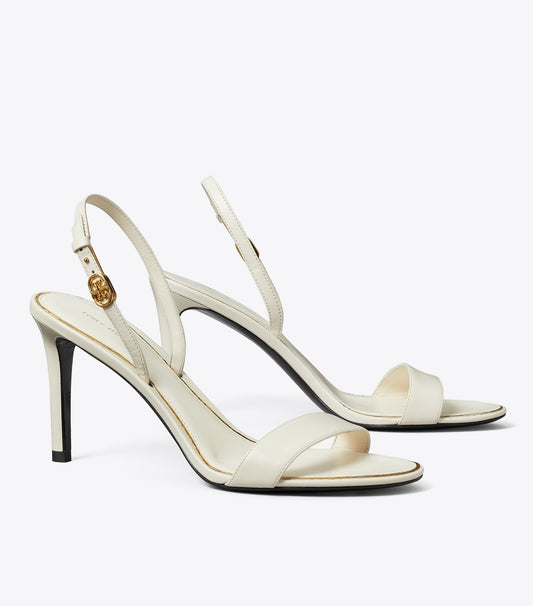 Tory Burch Double T Buckle Heeled Sandal - Light Cream