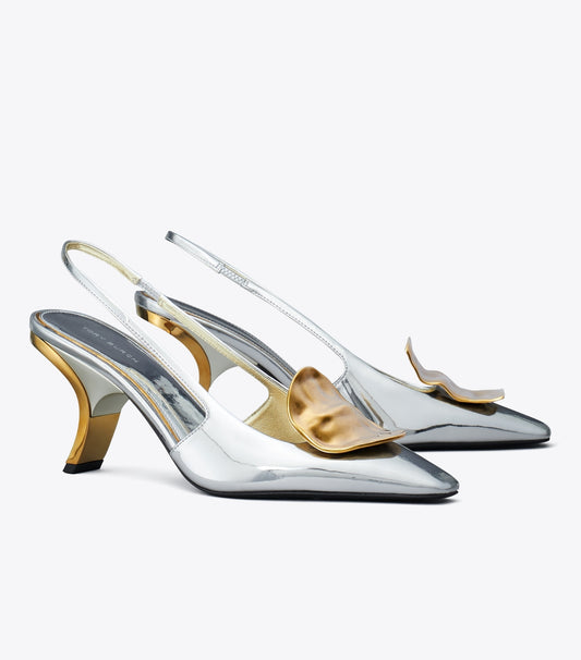 Tory Burch Patos Mismatched Slingback Heel - Argento / Gold