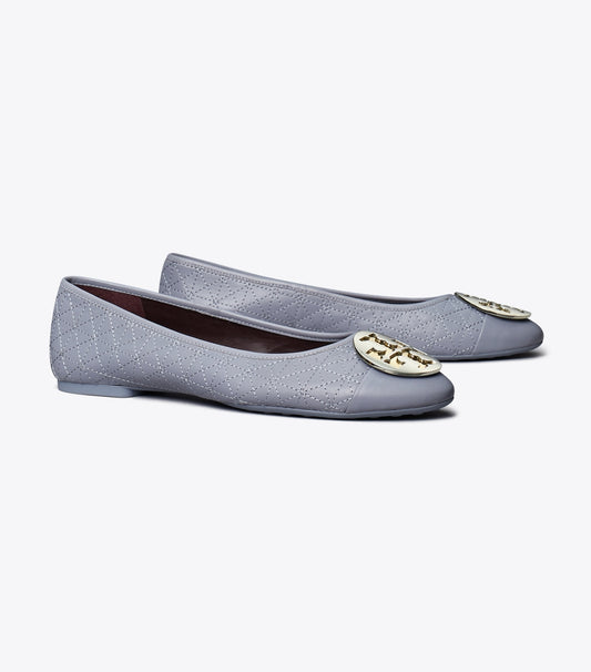 Tory Burch Claire Cap-Toe Quilted Ballet - Dew Blue / Gold / Silver