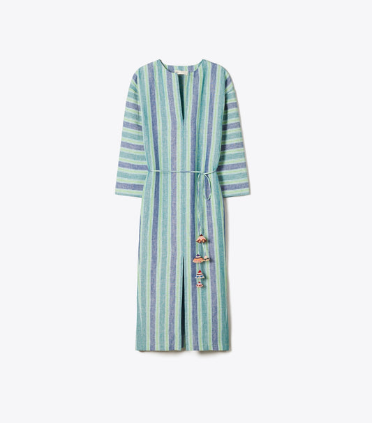 Tory Burch Striped Linen Caftan - Blue / Green Summer Stripe