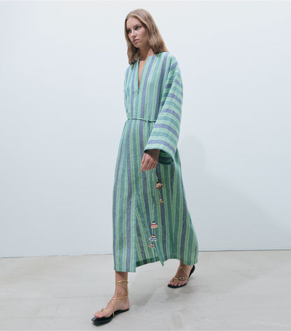 Tory Burch Striped Linen Caftan - Blue / Green Summer Stripe