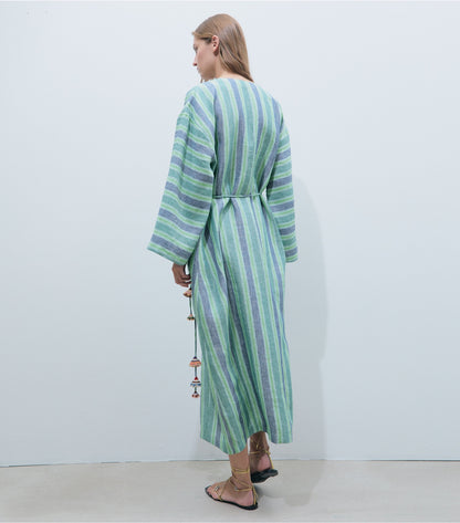 Tory Burch Striped Linen Caftan - Blue / Green Summer Stripe