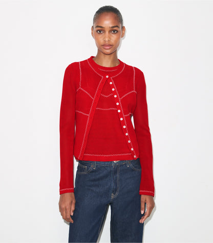 Tory Burch Cotton And Nylon Mesh Cardigan - Bright Red /  White