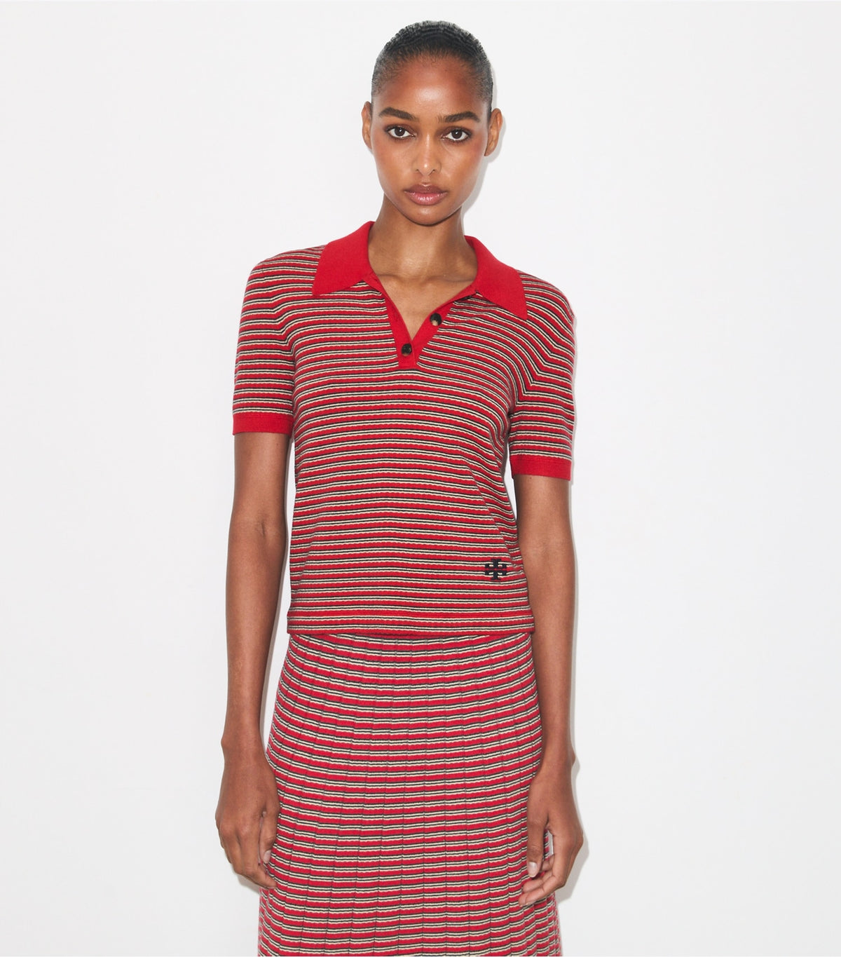 Tory Burch Striped Viscose Polo - Red / Navy / Ivory