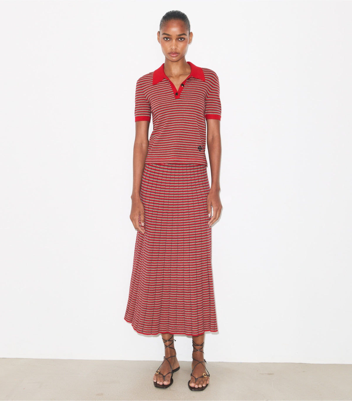 Tory Burch Striped Viscose Polo - Red / Navy / Ivory