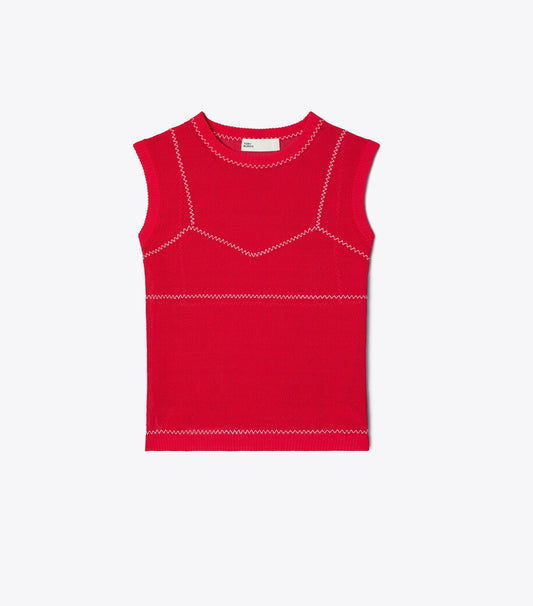 Tory Burch Cotton And Nylon Mesh Top - Bright Red / White