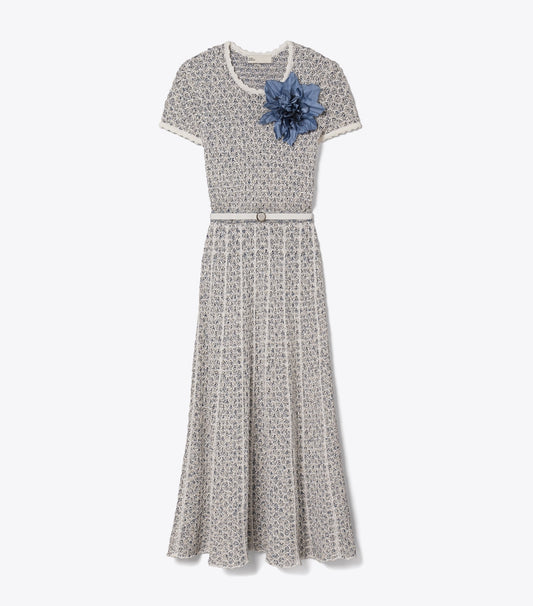 Tory Burch Floral Appliqué Knit Dress - Blue / White