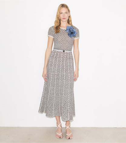 Tory Burch Floral Appliqué Knit Dress - Blue / White