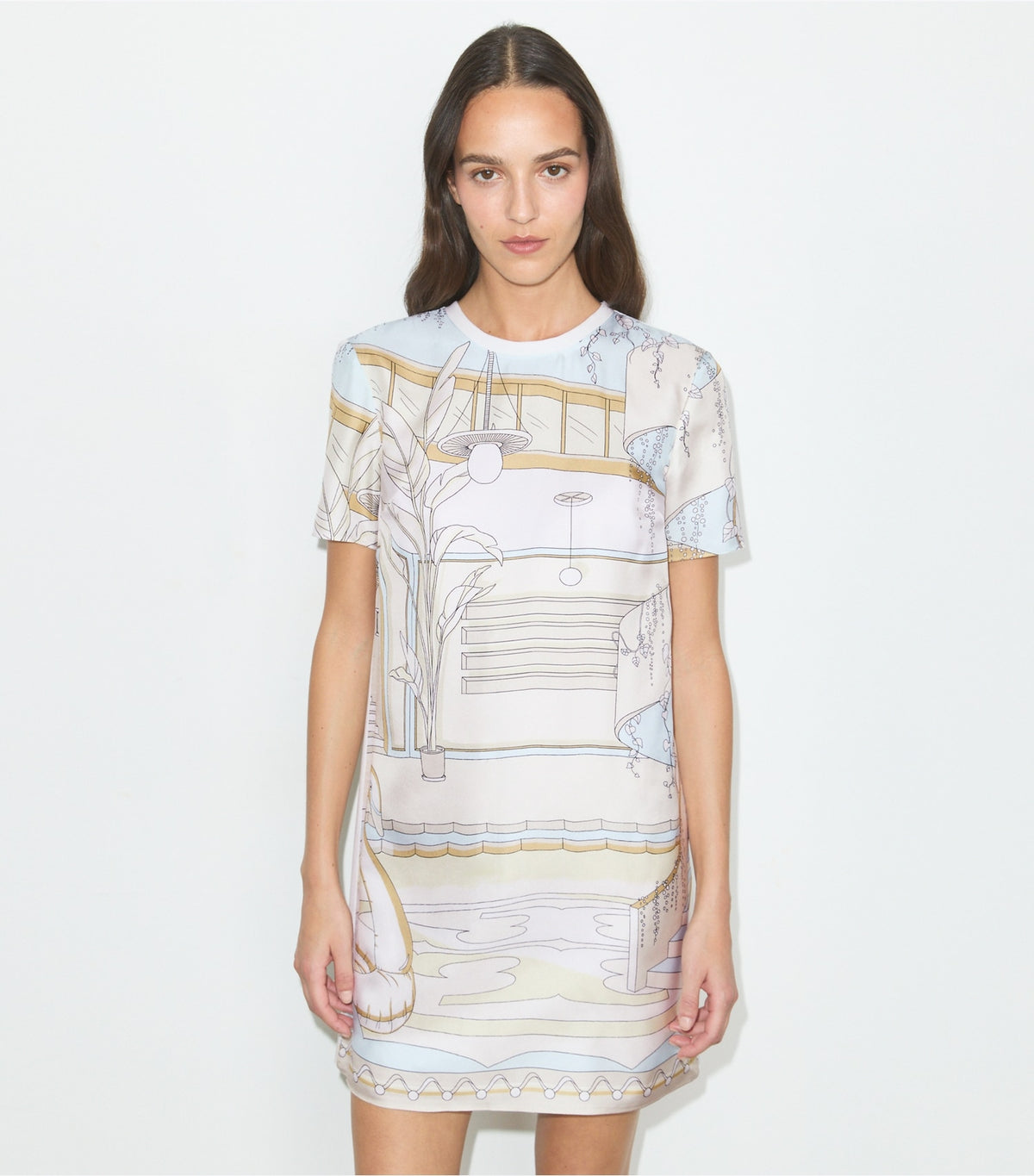 Tory Burch Printed Silk Front T-Shirt Dress - Neutral Pool