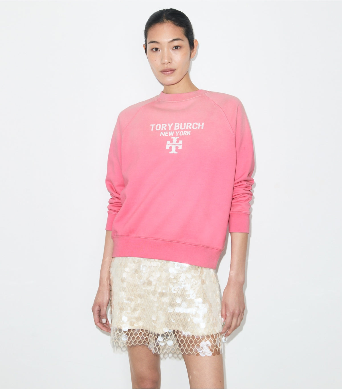 Tory Burch Distressed Cotton Sweatshirt - Vivid Bubblegum