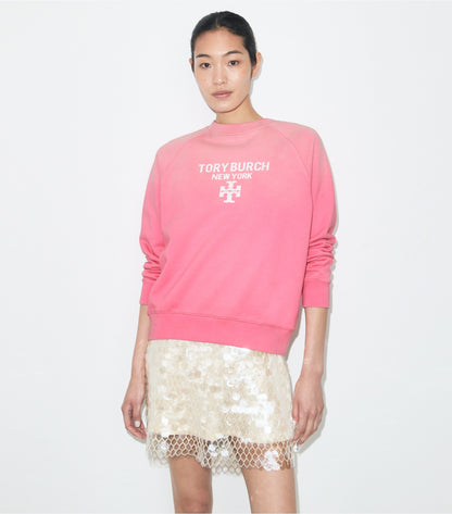 Tory Burch Distressed Cotton Sweatshirt - Vivid Bubblegum