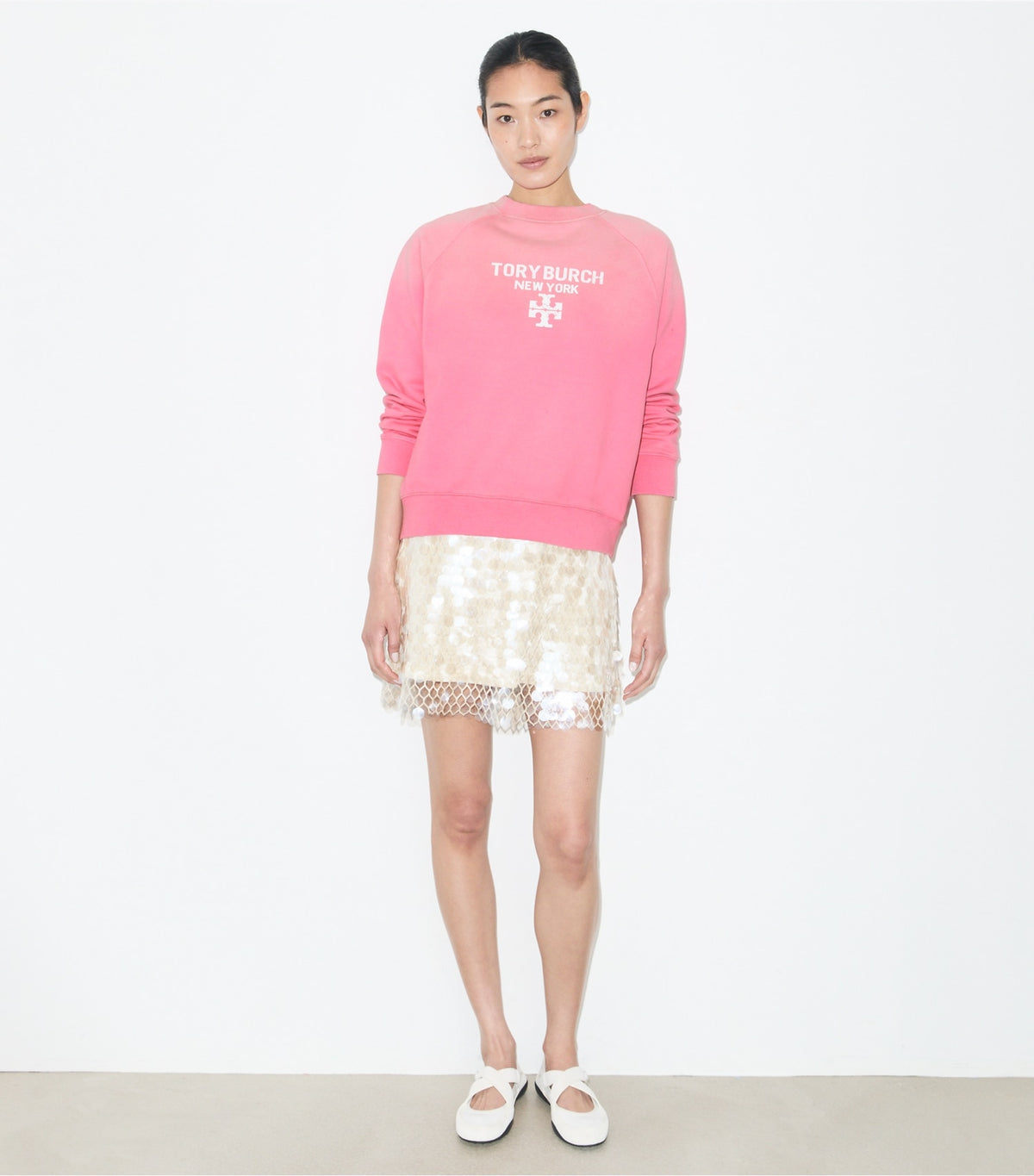 Tory Burch Distressed Cotton Sweatshirt - Vivid Bubblegum