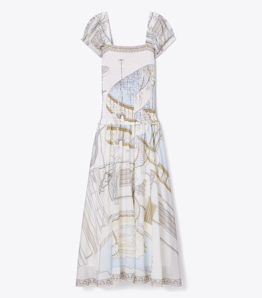 Tory Burch Printed Smocked Dress - Neutral Pool