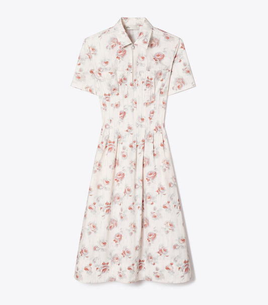 Tory Burch Poplin Pleat-Waist Dress - Pink Roses