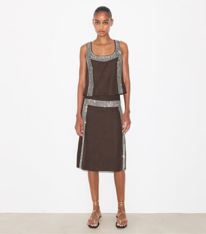 Tory Burch Embellished Linen Skirt - Light Chocolate